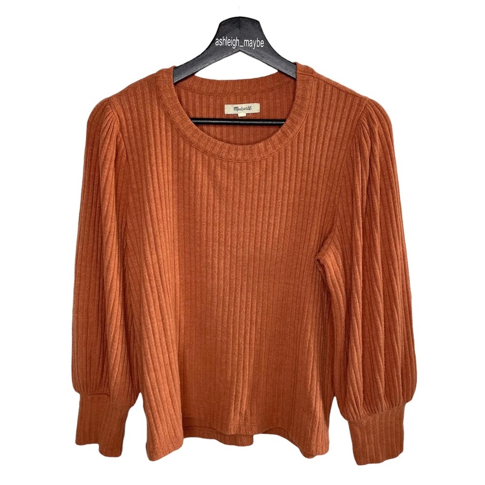 Madewell | Brushed Ribbed Pleat Ballon Sleeve Knit Top Orange Size Medium
